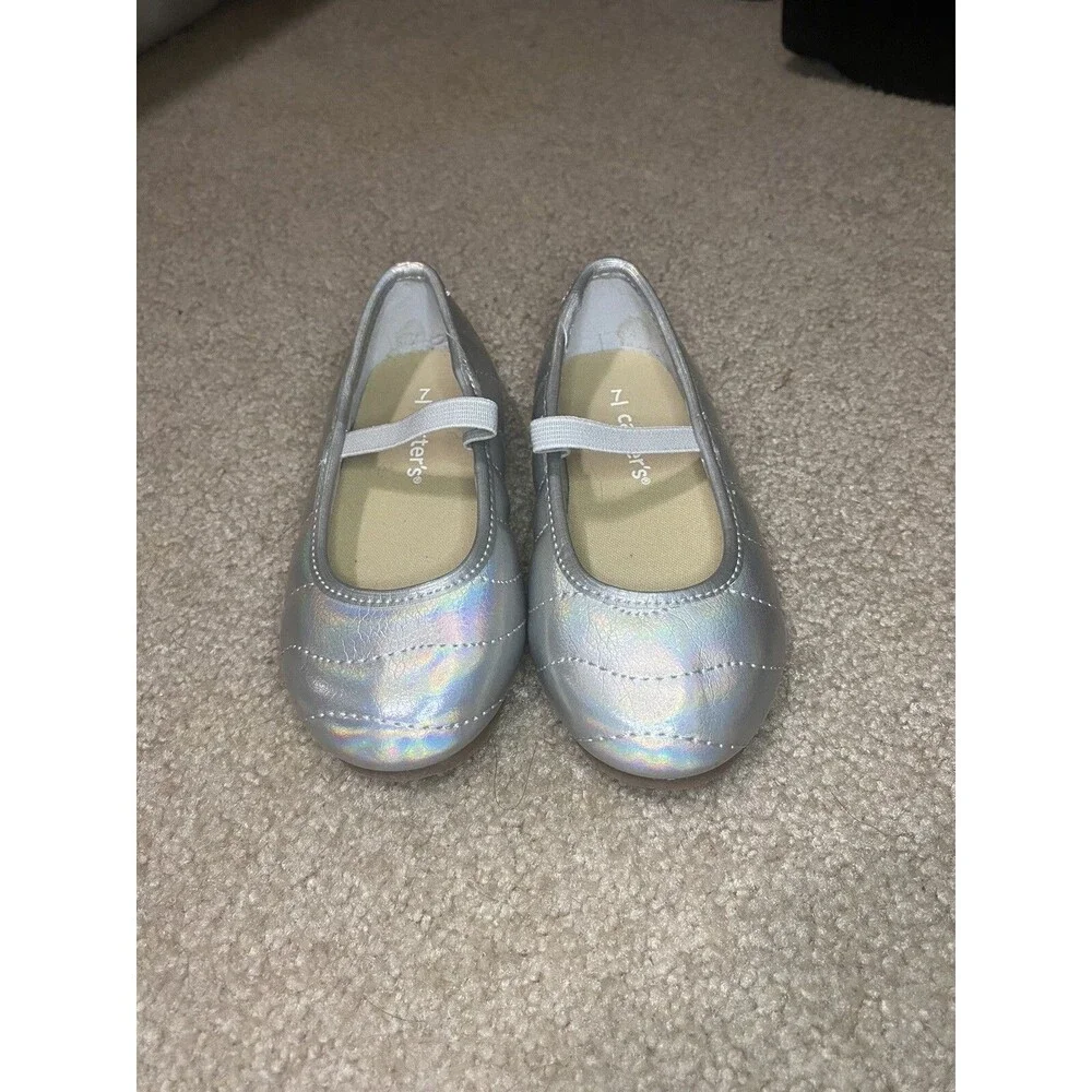 Carter’s Toddler Girls Silver Metallic Flats Dress Shoes Bow Size 7C Wedding